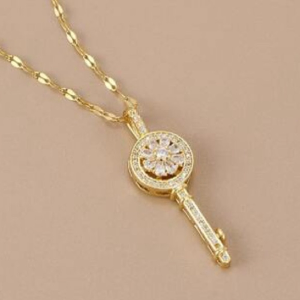 Victorian Ornate Cubic Zirconia, Spinning Key Glam Luxury, Gold plated Necklace